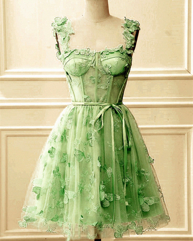 Short Sage Green Homecoming Dresses Butterfly Lace Embroidery – alinanova