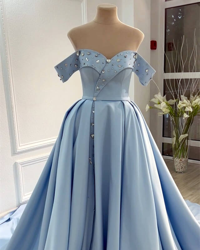 Light Blue Satin Prom Dress 2024 Off The Shoulder alinanova