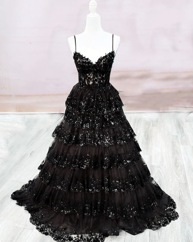 Black Tiered Lace Prom Dress 2024 alinanova