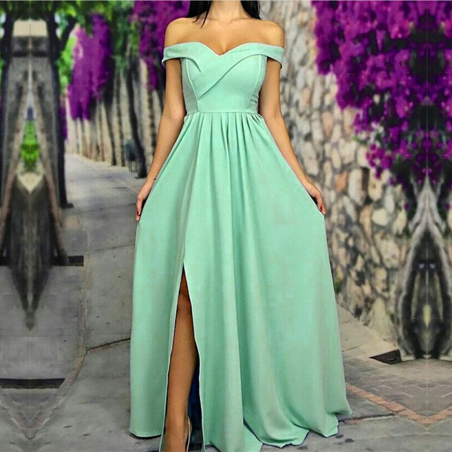 Sexy Off The Shoulder Long Satin Bridesmaid Dresses With Leg Slit Alinanova 8854