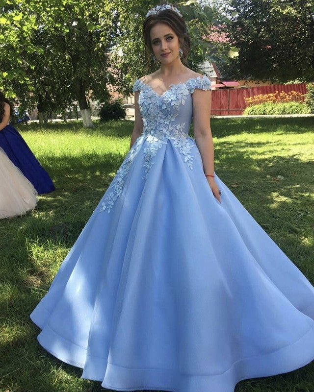 Light Sky Blue Princess Off Shoulder Party Gown