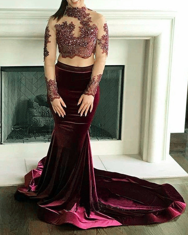 Burgundy long sleeve mermaid prom dress best sale