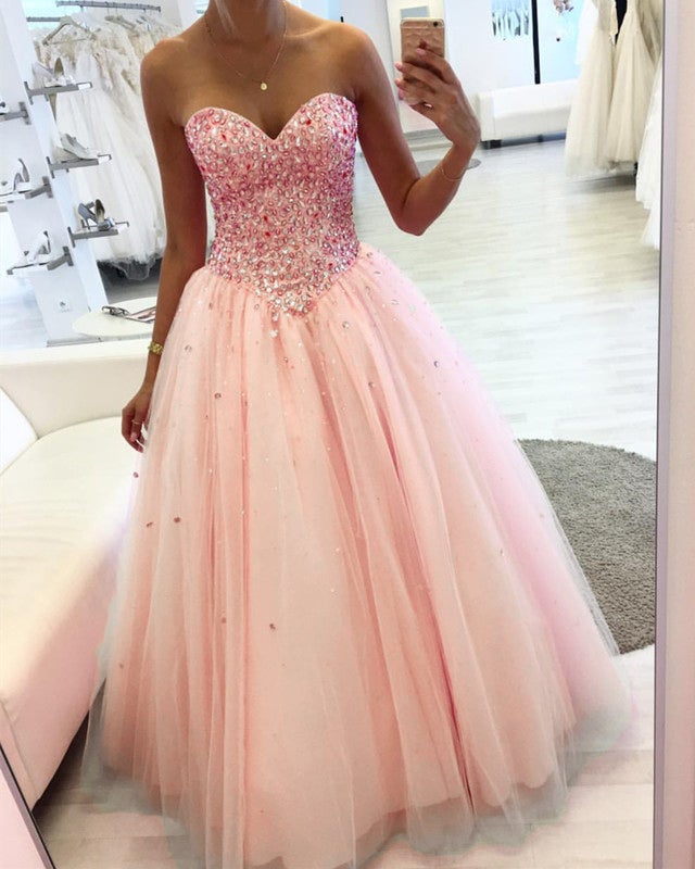 Quinceanera Dress Ball Gown Light Pink Tulle Beaded Prom Dress