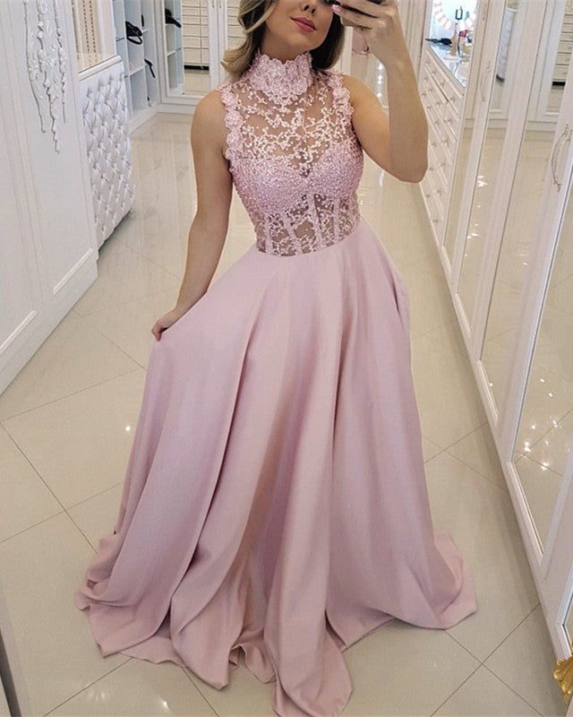 Elegant Lace High Neck Long Satin Prom Dresses 2019 alinanova