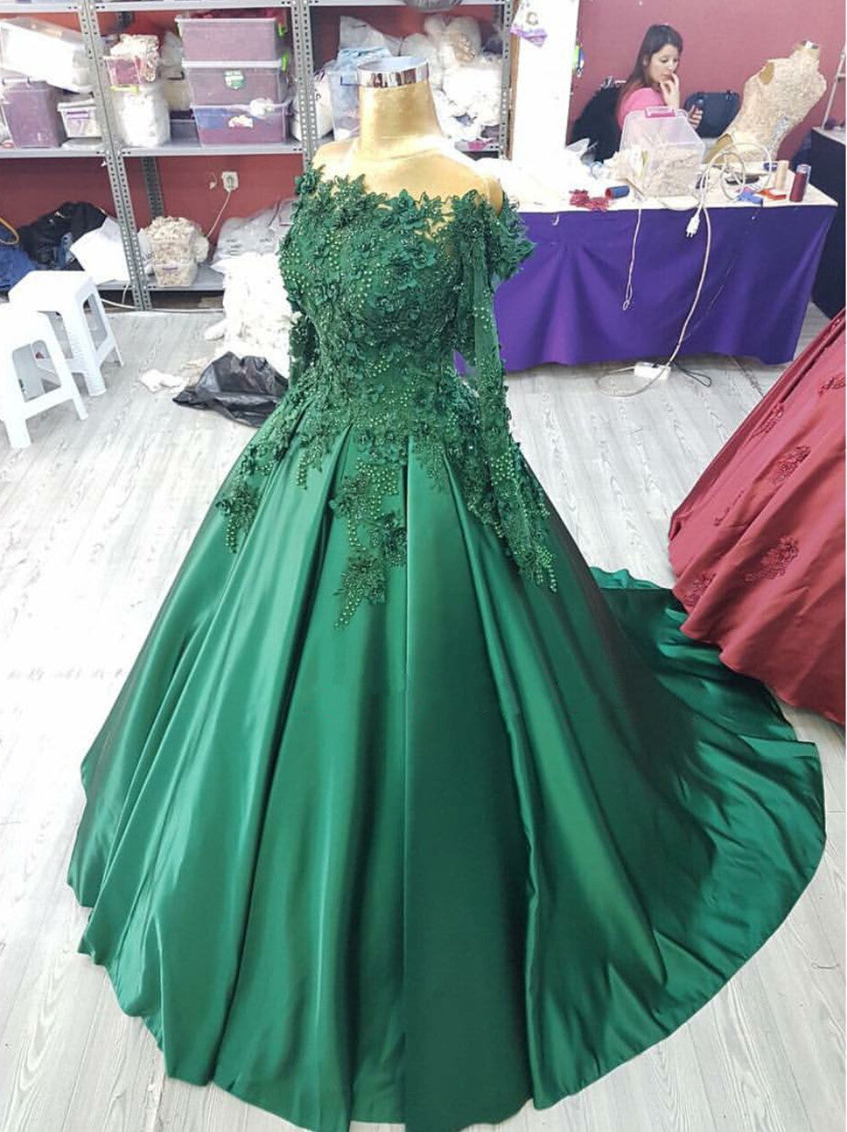 Emerald Green Ball Gown Satin Prom Dresses Lace Flowers Off Shoulder –  alinanova