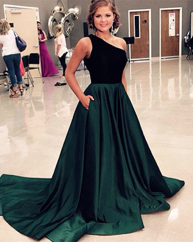 One Shoulder Long Satin Prom Dresses Velvet Top Evening Gowns