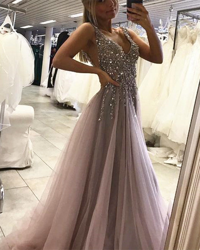 Glitter Tulle Prom Dresses V Neck Floor Length – alinanova