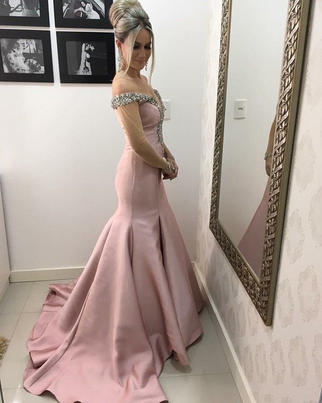 Mermaid Crystal Beaded V-neck Off Shoulder Satin Pale Pink Prom Dress –  alinanova