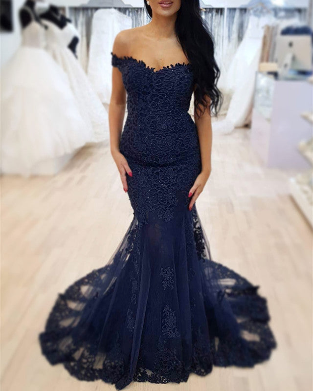 Navy blue lace mermaid sales dress