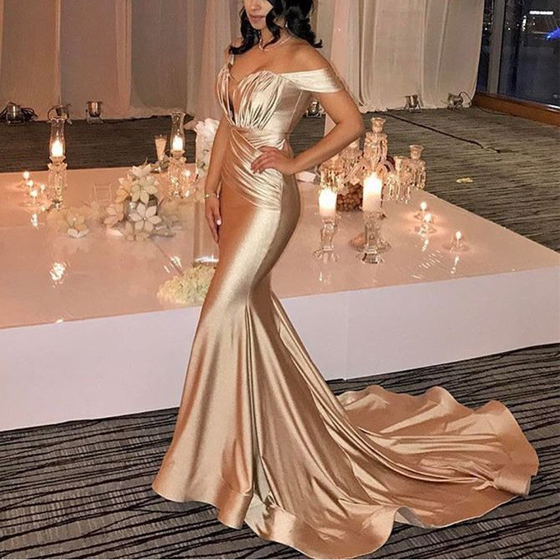 Champagne satin mermaid dress hotsell