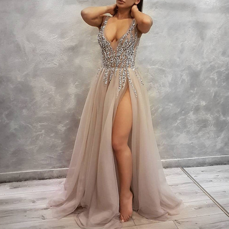 Sexy Deep V Neck Long Tulle Slit Prom Dresses Beaded Evening Gowns