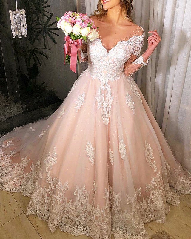 Blush Pink Princess Wedding Gowns with Sleeves