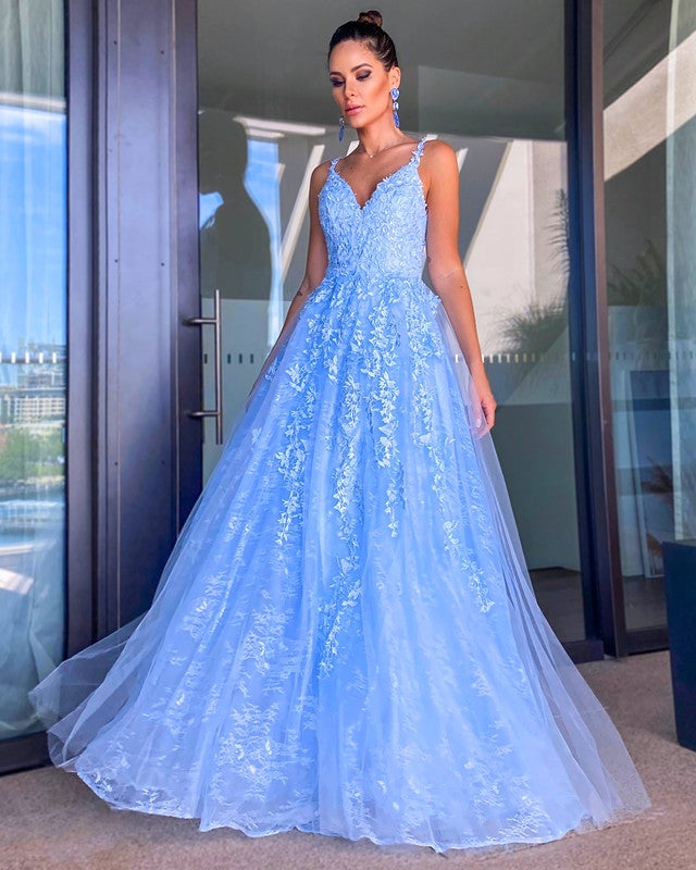 Light Blue Lace Prom Dresses Princess V Neck