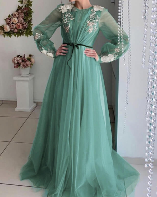 Embroidered Long Sleeve Prom Dress