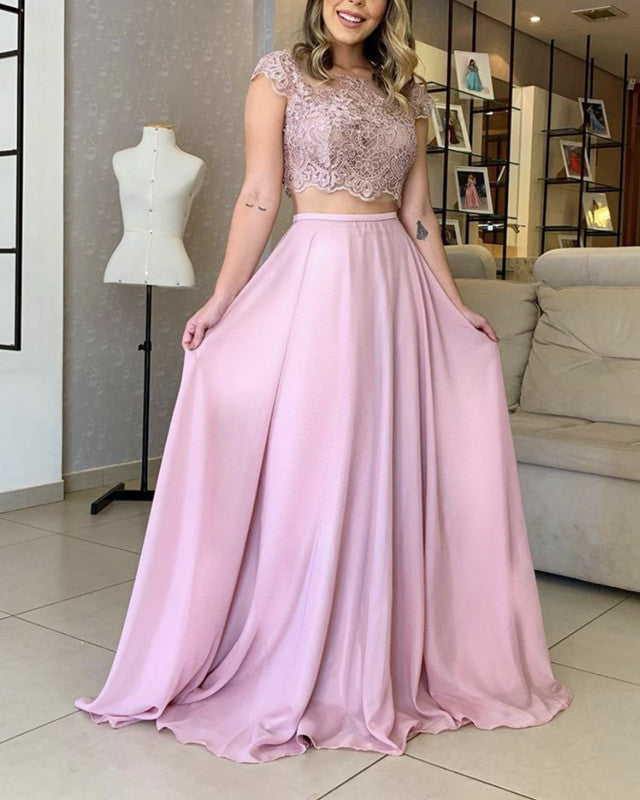 Two Piece Prom Dresses Lace Cap Sleeves Open Back – alinanova