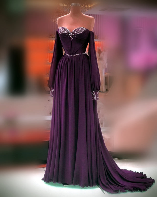 Plum Chiffon Long Sleeve Prom Dresses Off The Shoulder – alinanova