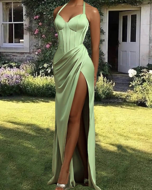 Mermaid Sage Satin Halter Split Dress – alinanova