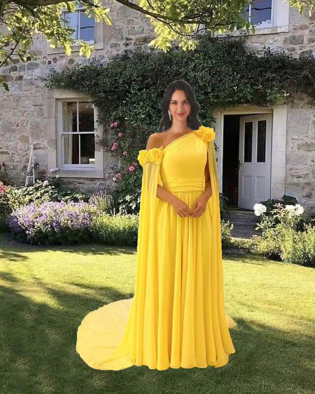 Yellow Chiffon Dress With Cape Sleeve alinanova