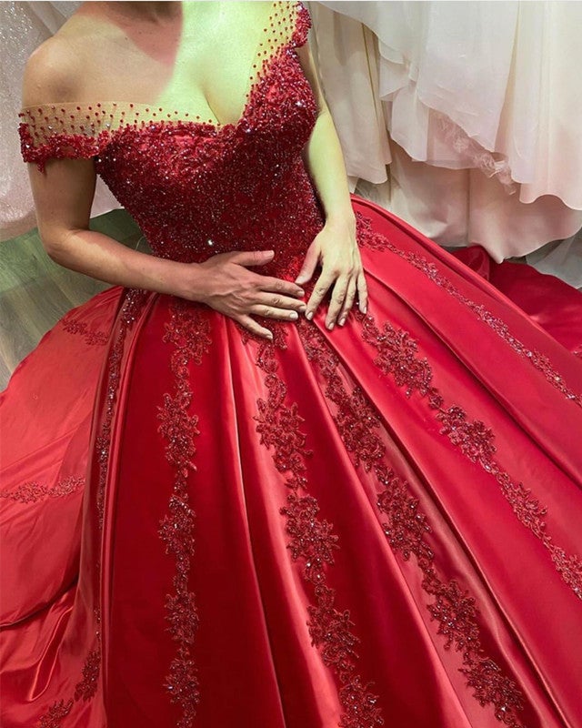 Off the Shoulder Satin Ball Gown Dress with Appliques and Beaded