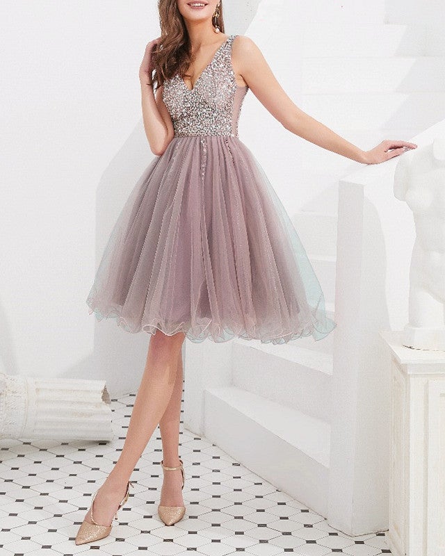 Short Tulle Homecoming Dresses V Neck Sequin Beaded – Alinanova