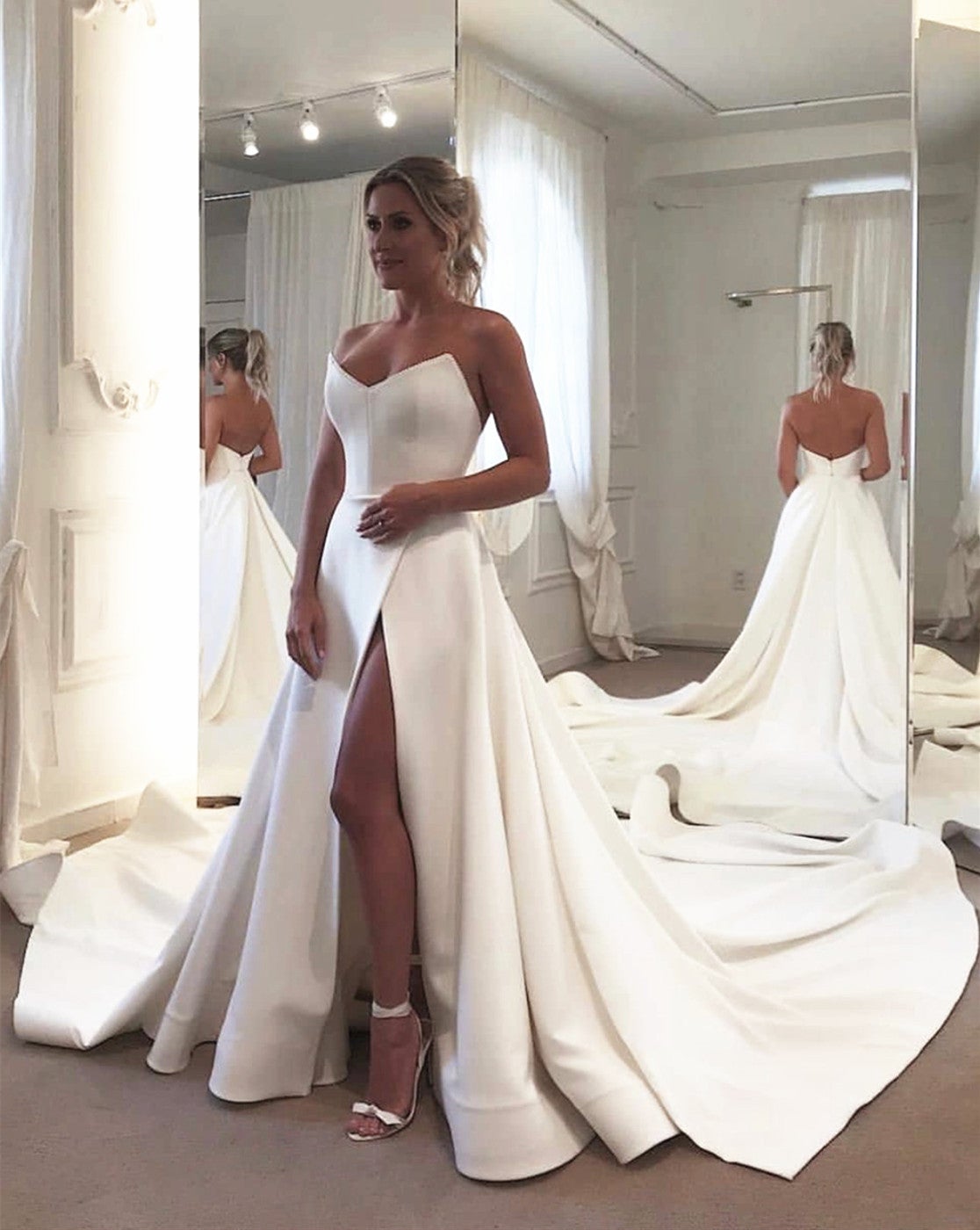 sleek satin strapless corset wedding dress with split – alinanova