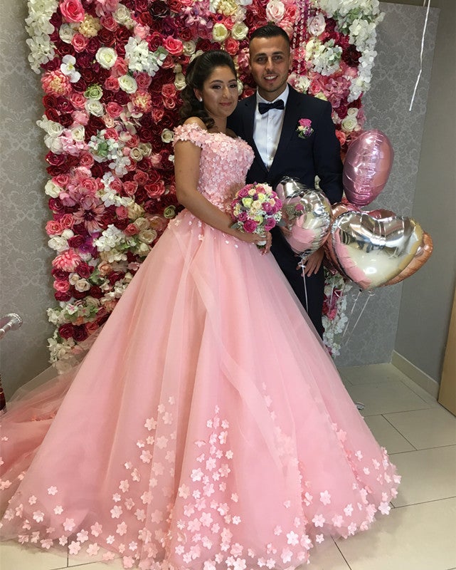 Pink Tulle Floral Flower Ball Gowns Dresses Off Shoulder – alinanova