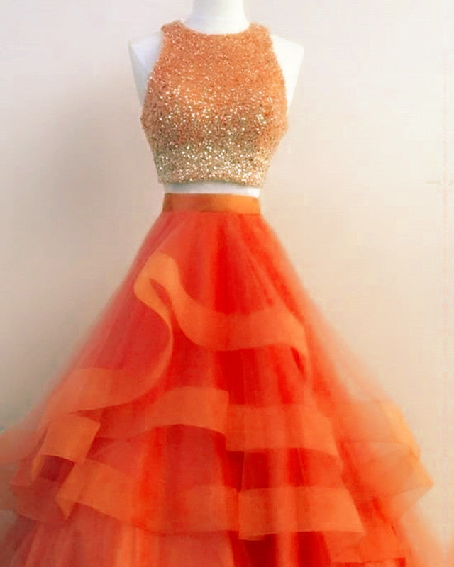 Orange 2 piece prom dress best sale