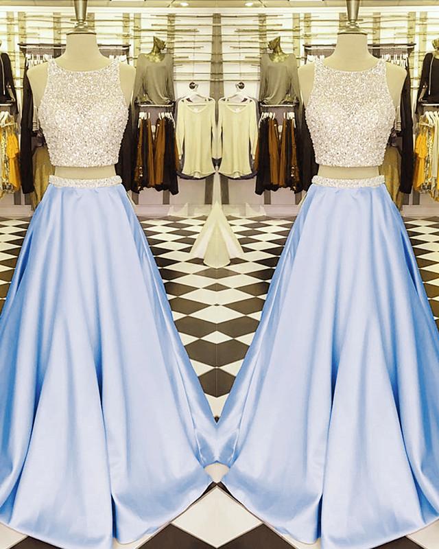 Blue and gold shop two piece prom dress