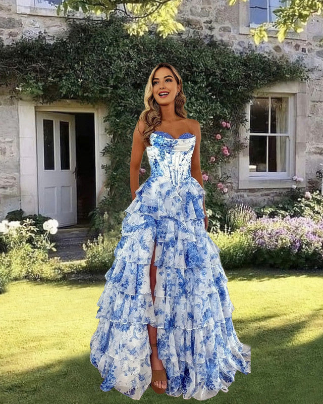 Blue Floral Print Prom Dress