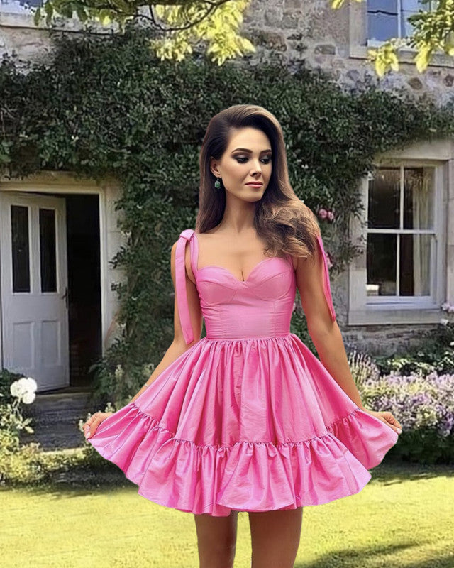 Short Hot Pink A-line Ruffle Satin Dress