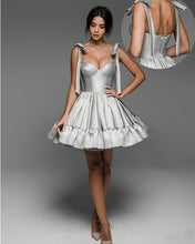 Load image into Gallery viewer, Silver Satin Bow Straps Ruffles Homecoming Dress
