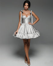 Load image into Gallery viewer, Silver Satin Bow Straps Ruffles Homecoming Dress
