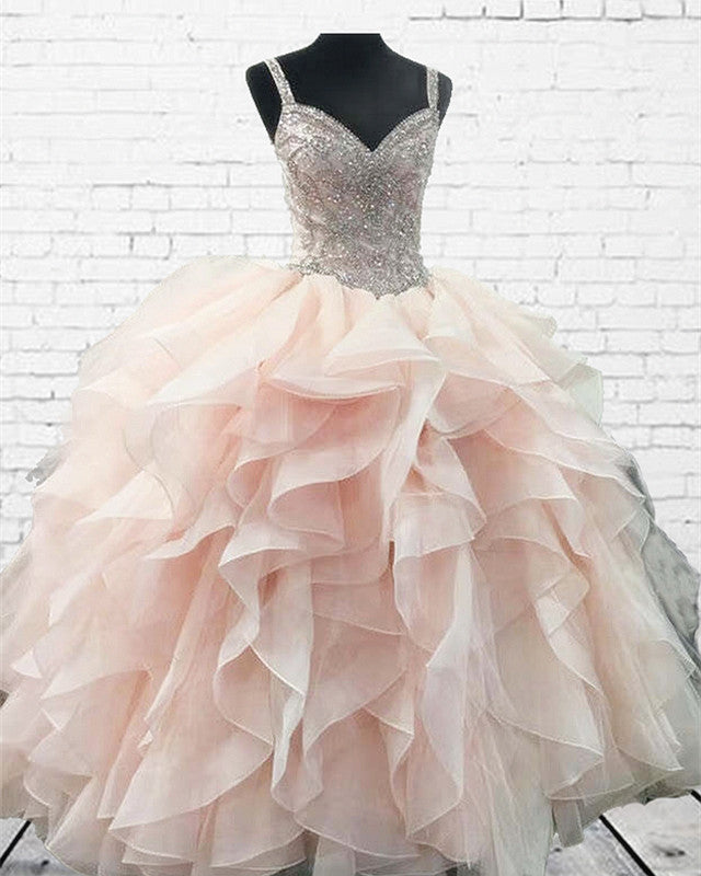 Luxurious Crystal Beaded Sweetheart Organza Ruffles Quinceanera Dresses