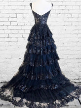 Load image into Gallery viewer, Long Navy Blue Lace Split Prom Dress
