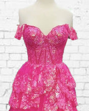 Load image into Gallery viewer, Hot Pink Lace Off Shoulder Tiered Prom Dress With Slit
