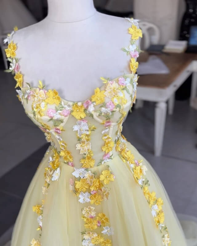 Yellow 3D Lace Embroidery Tulle Corset Dress