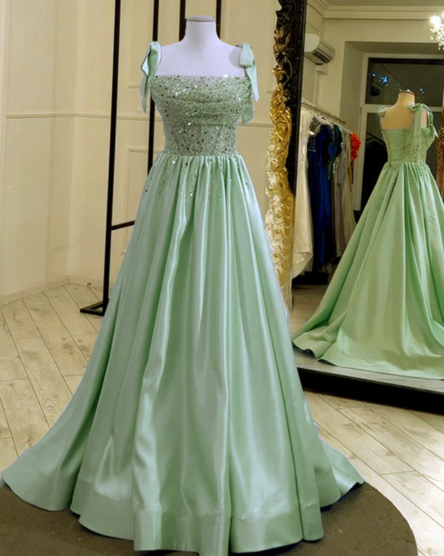 Sage Satin Prom Gown