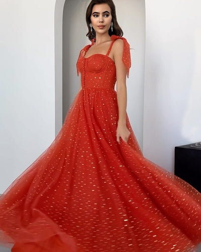 Orange Tulle Sparkly Prom Dress