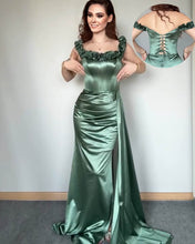 Load image into Gallery viewer, Mermaid Satin Slit Dress With Flowers Straps
