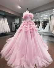 Load image into Gallery viewer, Pink Tulle Strapless Ball Gown With 3D Flowers
