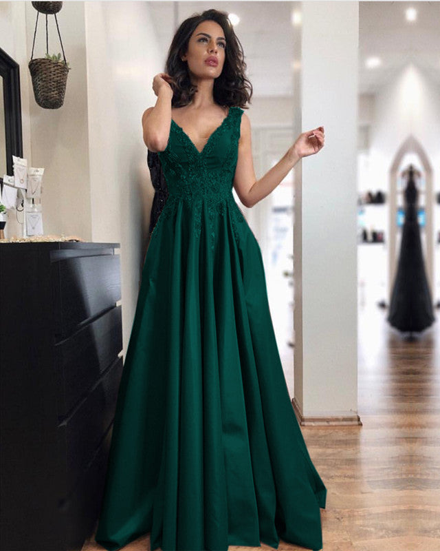 Elegant Long Green Prom Dresses V-neck Appliques – alinanova