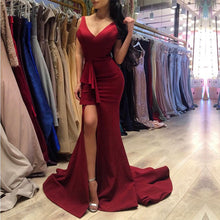 Load image into Gallery viewer, Sexy V Neck Long Slit Burgundy Prom Dresses Mermaid-alinanova
