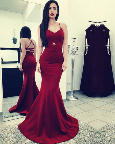 Burgundy Mermaid Prom Dresses Cross Back