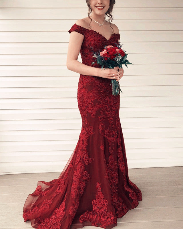 Burgundy Lace Mermaid Prom Dresses