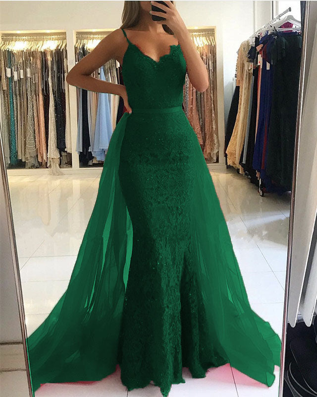 Elegant V-neck Mermaid Lace Prom Dresses Detachable Skirt – alinanova