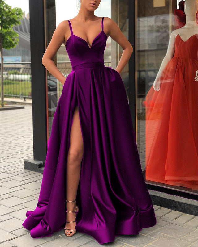 Sexy Prom Dresses Spaghetti Straps Long Slit Satin Evening Gown alinanova