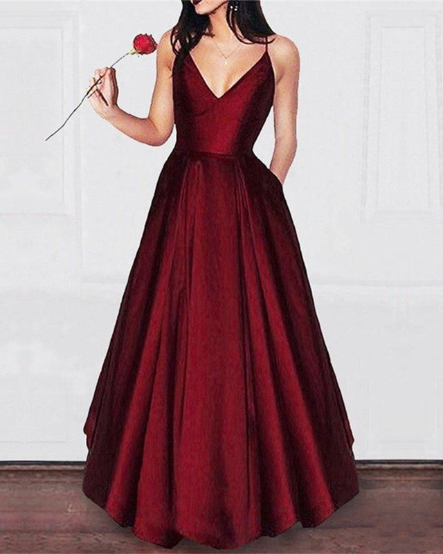 Simple Long Burgundy Prom Dresses With Pockets – alinanova