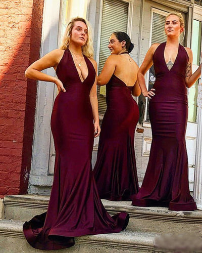 Long Satin Halter Mermaid Bridesmaid Dresses Open Back-alinanova