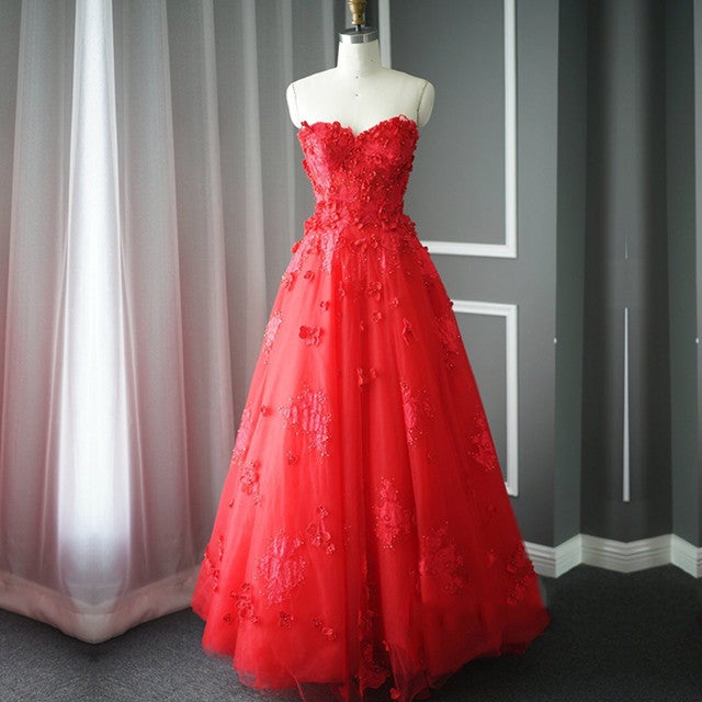 Elegant Floral Lace Sweetheart Long Evening Gown Tulle Prom Dress ...