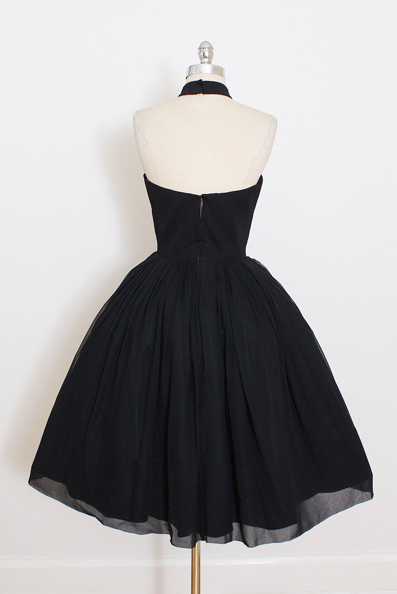 Vintage 1950s A Line Tulle Black Cocktail Dress Knee Length Prom Dress ...